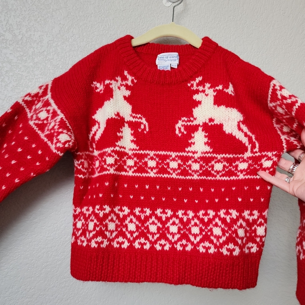 ONE OF A KIND x VINTAGE wool christmas holiday reindeer sweater red white 6-7 - Picture 4 of 5